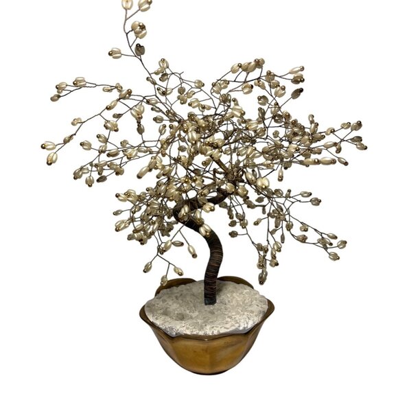 Ming Tree Wire Sculpture Bonsai Style Faux Pearl Bead Blossom Brass Pot 10" - Picture 1 of 6